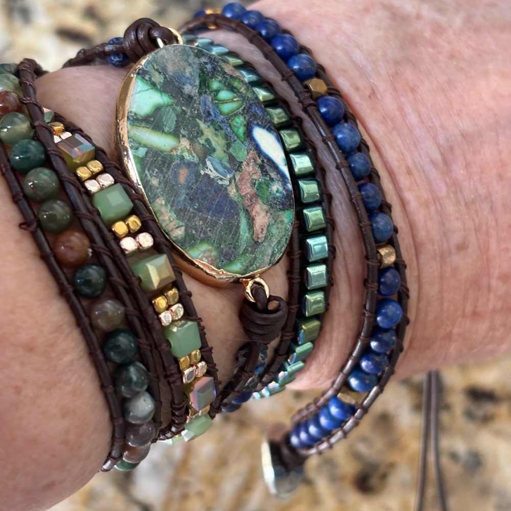 CLEARANCE Boho Handmade Natural Leather Bead Wrap Bracelet GREEN/BLUE JASPER - Picture 6 of 6